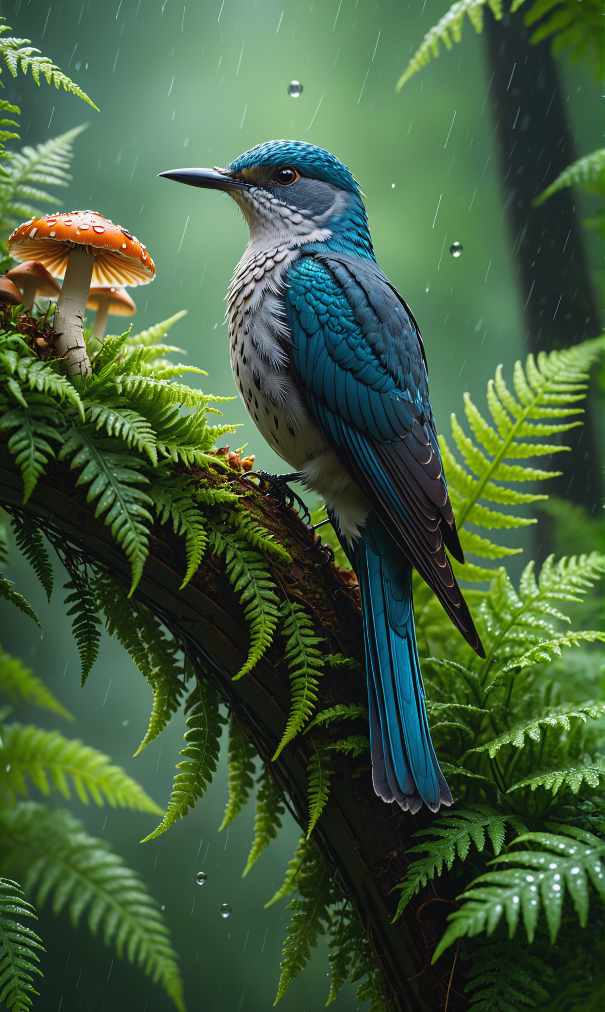 00628-4001508750-A small cuckoo bird perched on top of a tree with beautiful ferns and mushrooms and flowers, on a rainy summer morning, in a tro.png